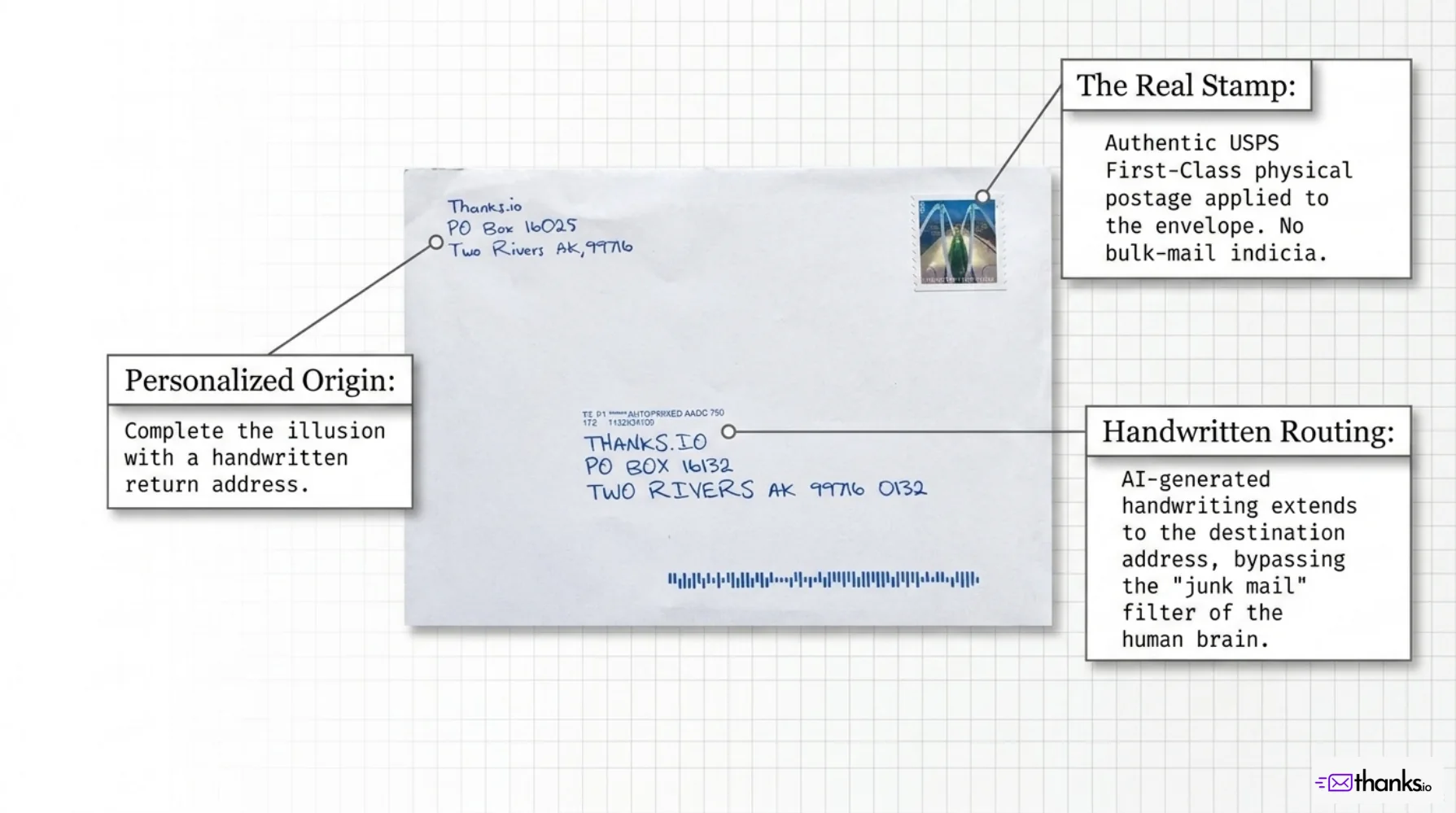 Thanks.io print portfolio, page 7: Notecard envelopes, stamps, and handwritten routing