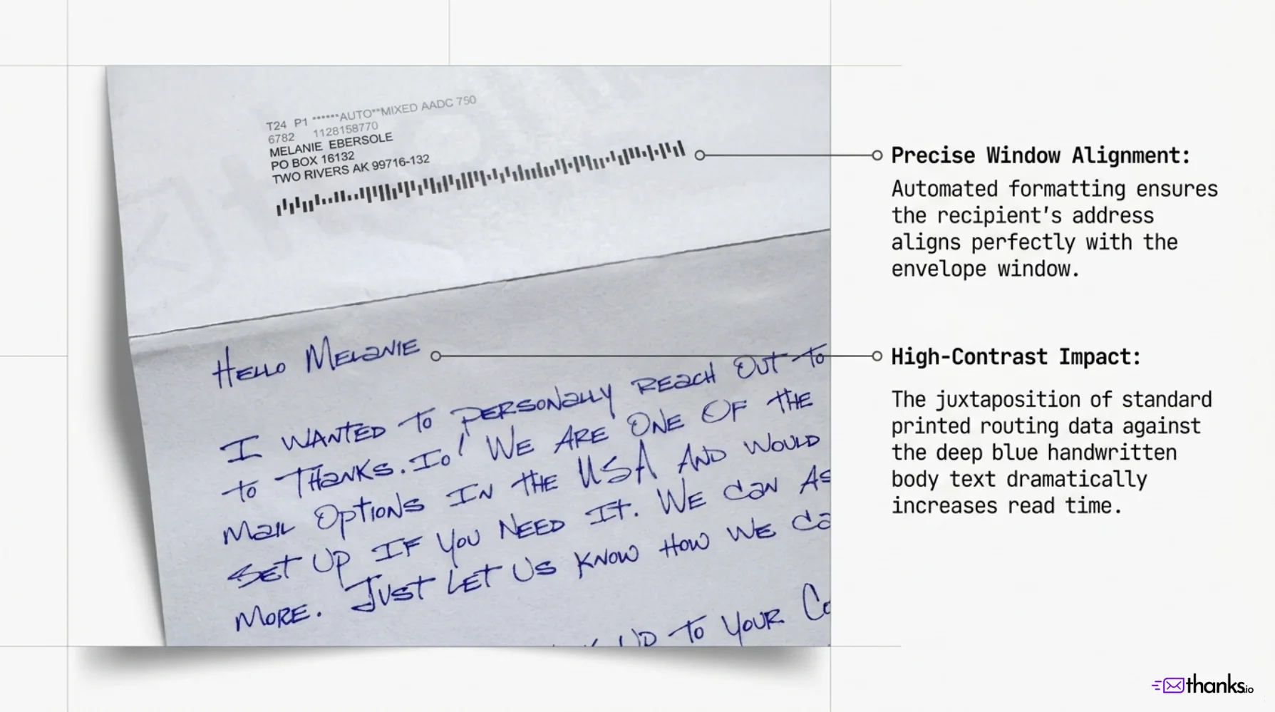 Thanks.io print portfolio, page 10: Windowed letter addressing and handwriting detail