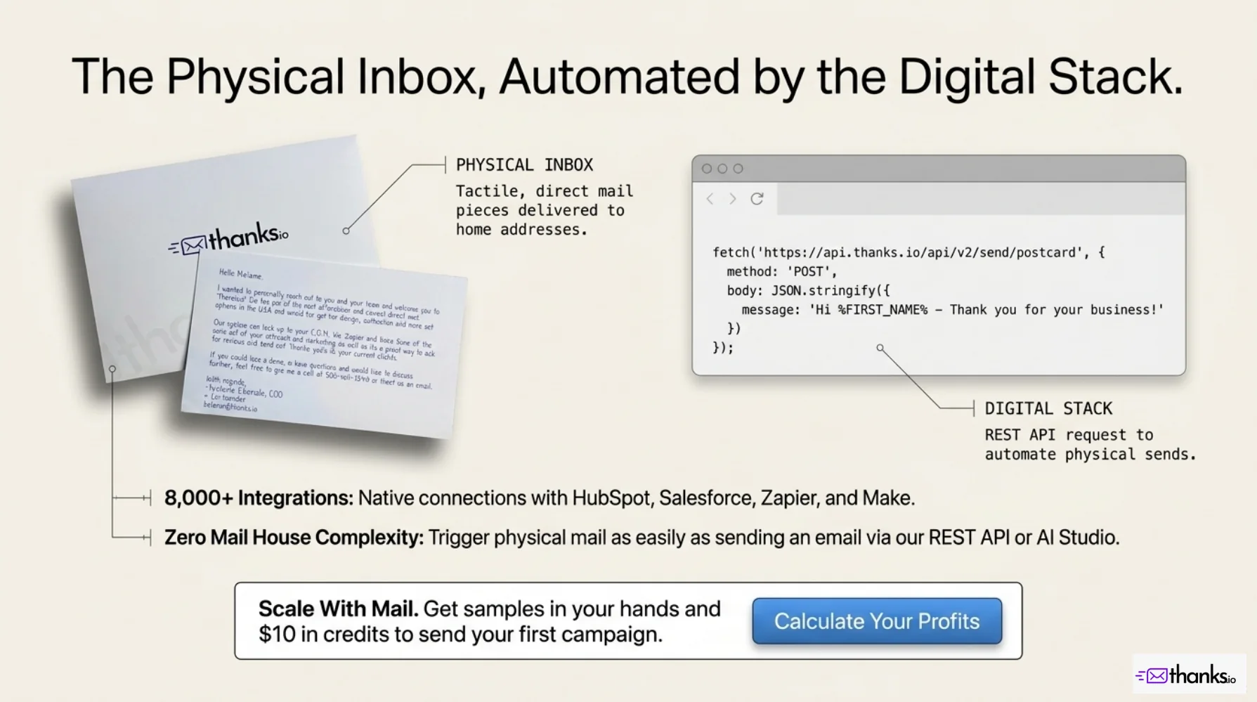 Thanks.io print portfolio, page 13: Direct mail automation and integrations